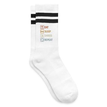 Eat Sleep Shred Repeat - Snowboard fahren - Gestreifte Tennissocken - Weiß/Schwarz - Rechts