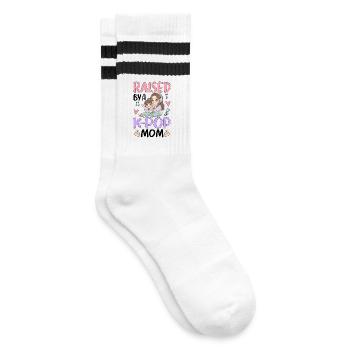 Raised By A K-Pop Mom - Gestreifte Tennissocken - Weiß/Schwarz - Rechts
