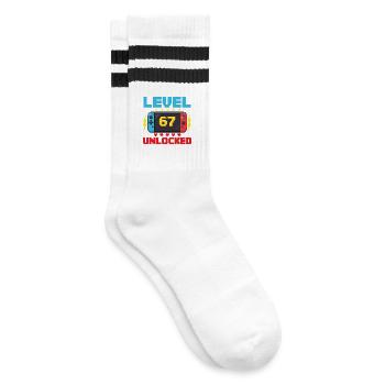 Level 67 Freigeschaltete Gamer School Meme-Kinder - Gestreifte Tennissocken - Weiß/Schwarz - Rechts