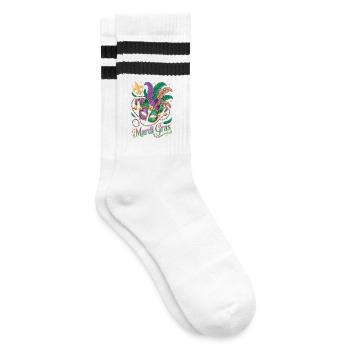 Mardi Gras T-Shirt – Jester Maske mit Federn - Gestreifte Tennissocken - Weiß/Schwarz - Rechts