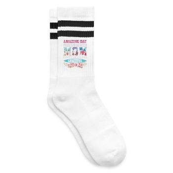 Amazing Loving Strong Mom – Blumeniger Muttertag - Gestreifte Tennissocken - Weiß/Schwarz - Rechts