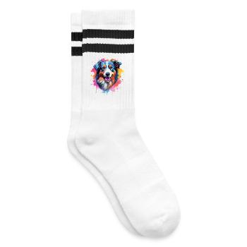 Farbenfrohe Splash-Kunst Australischer Schäferhund - Gestreifte Tennissocken - Weiß/Schwarz - Rechts