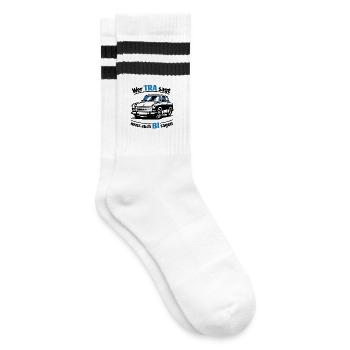 Vintage Trabi Wer TRA sagt muss auch BI sagen - Gestreifte Tennissocken - Weiß/Schwarz - Rechts