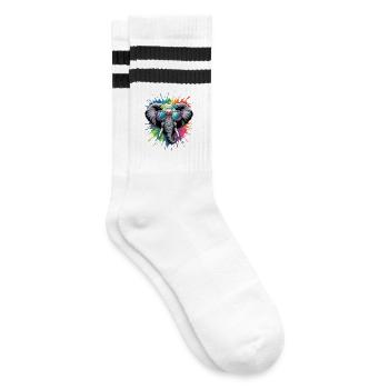 Colorful Elephant Watercolor Splash - Striped tennis socks - white/black - Right