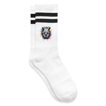 Buntes Nashorn Rhino Wasserfarben Spritzer - Gestreifte Tennissocken - Weiß/Schwarz - Rechts