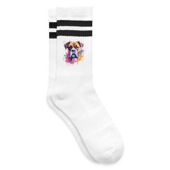 Boxer Bunte Hund Splash Art - Gestreifte Tennissocken - Weiß/Schwarz - Rechts