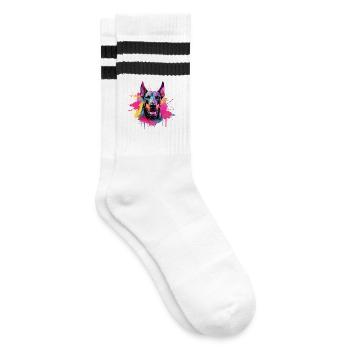 Dog Doberman Pinscher Colorful Splash Art - Striped tennis socks - white/black - Right