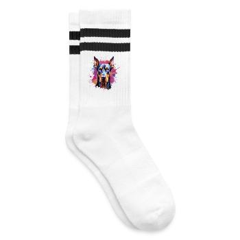 Vibrant Watercolor Doberman Portrait - Striped tennis socks - white/black - Right