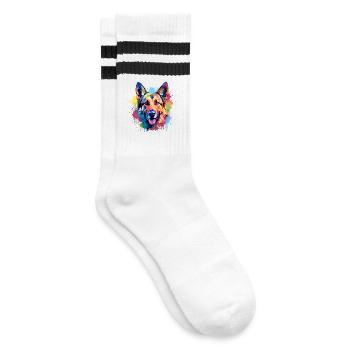 Dog German Shepherd Colorful Splash Art - Striped tennis socks - white/black - Right