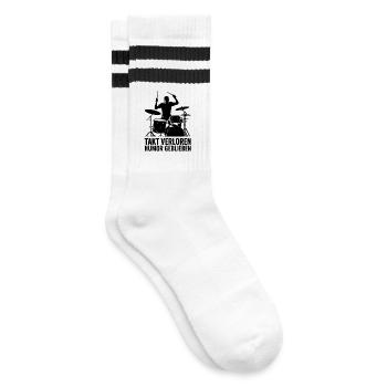 Drums - Takt verloren Humor geblieben Drummer - Gestreifte Tennissocken - Weiß/Schwarz - Rechts