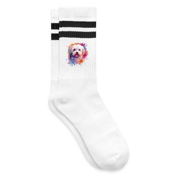 Colorful Maltese Dog Splash Art - Striped tennis socks - white/black - Right