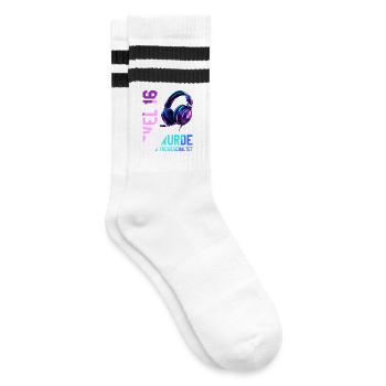 16. Geburtstag Junge Mädchen Teenager Level 16 - Gestreifte Tennissocken - Weiß/Schwarz - Rechts