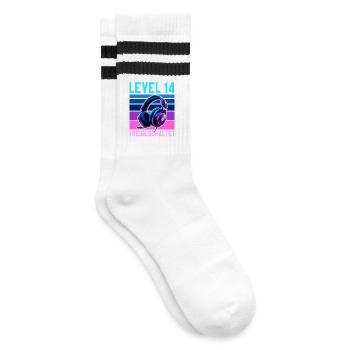 14. Geburtstag Junge Mädchen Gaming Level 14 Jahre - Gestreifte Tennissocken - Weiß/Schwarz - Rechts