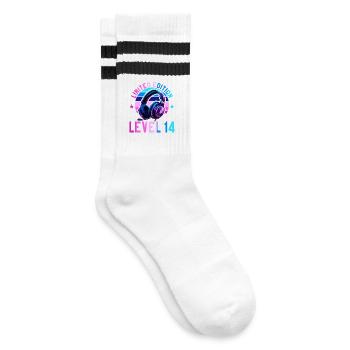 14. Geburtstag Junge Mädchen Gaming Level 14 Jahre - Gestreifte Tennissocken - Weiß/Schwarz - Rechts