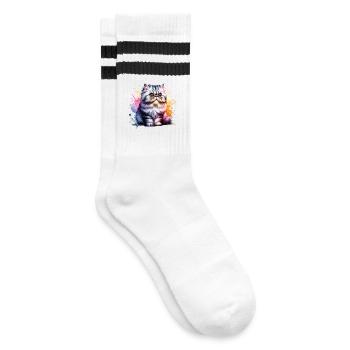Perserkatze Geschenk - Gestreifte Tennissocken - Weiß/Schwarz - Rechts