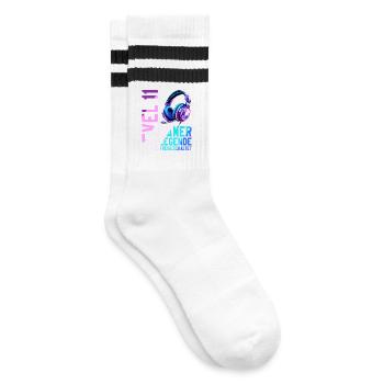 11. Geburtstag Junge Mädchen Gaming Level 11 Jahre - Gestreifte Tennissocken - Weiß/Schwarz - Rechts