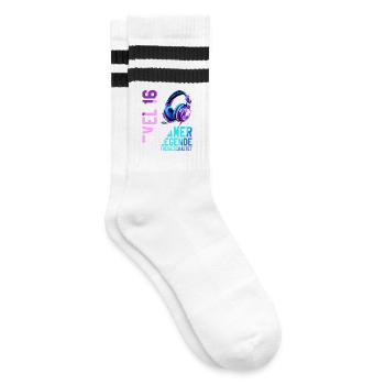 16. Geburtstag Junge Mädchen Gaming Level 16 Jahre - Gestreifte Tennissocken - Weiß/Schwarz - Rechts