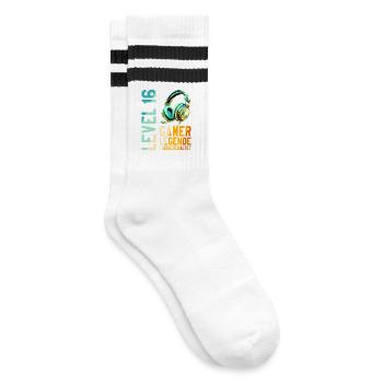 16. Geburtstag Junge Mädchen Gaming Level 16 Jahre - Gestreifte Tennissocken - Weiß/Schwarz - Rechts