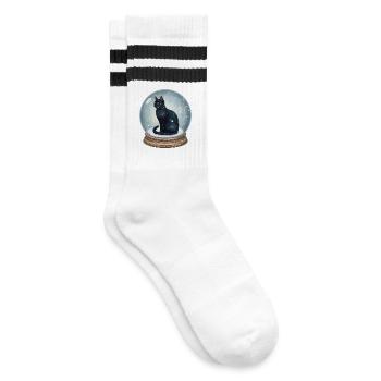 Cosmic Cat in Snow Globe Schneekugel Katze - Gestreifte Tennissocken - Weiß/Schwarz - Rechts