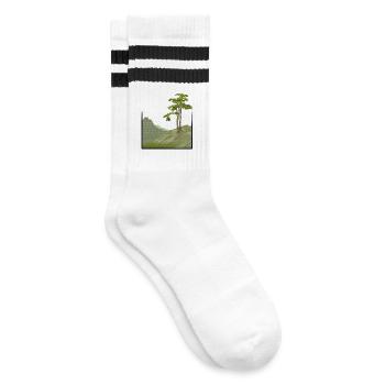 Tree on hill with canvas structure, public domain - Striped tennis socks - white/black - Right