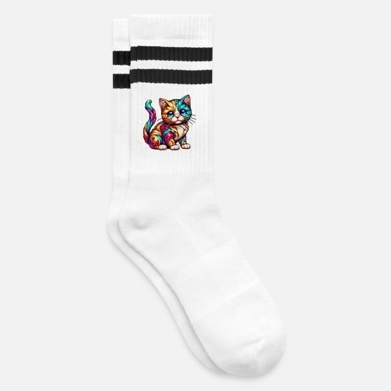 Katze - Gestreifte Tennissocken - Weiß/Schwarz