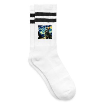 Starry sky style rabbit - Striped tennis socks - white/black - Right