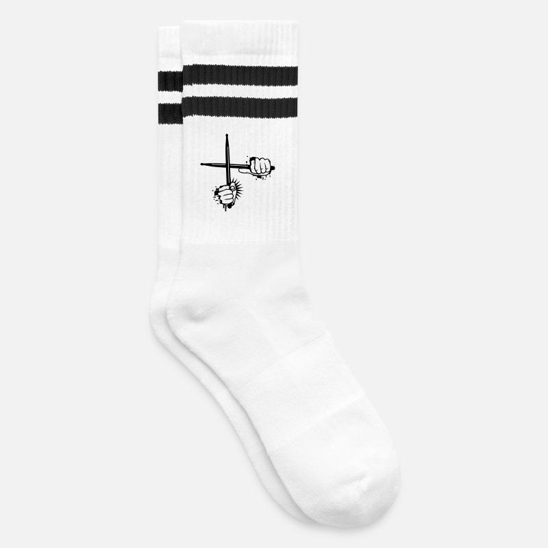 zwei gekreuzte Drumsticks - Gestreifte Tennissocken - Weiß/Schwarz