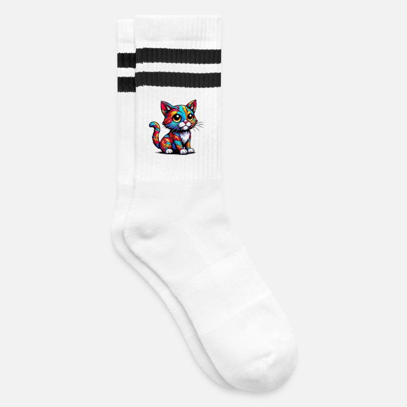 Katze - Gestreifte Tennissocken - Weiß/Schwarz