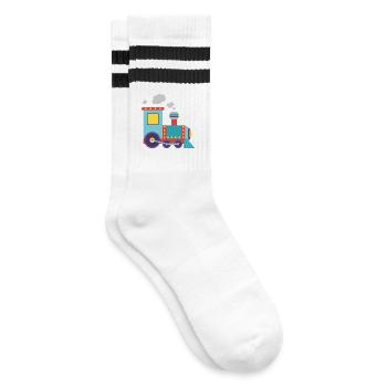 Bunte Spielzeug-Dampflok-Illustration - Gestreifte Tennissocken - Weiß/Schwarz - Rechts