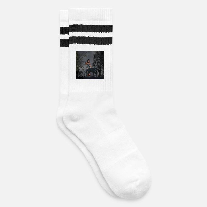 Tolle Fee mit Wolf - Gestreifte Tennissocken - Weiß/Schwarz