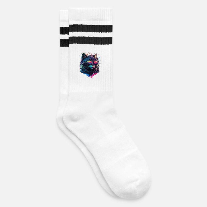 Coole Katze - Gestreifte Tennissocken - Weiß/Schwarz