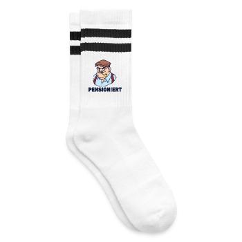 Abschied Senior Ruhestand Lebensabend Rente Spruch - Gestreifte Tennissocken - Weiß/Schwarz - Rechts