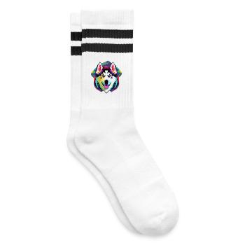 Farbenfroher Husky  - Gestreifte Tennissocken - Weiß/Schwarz - Rechts