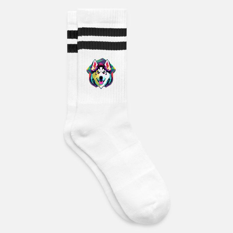 Farbenfroher Husky  - Gestreifte Tennissocken - Weiß/Schwarz