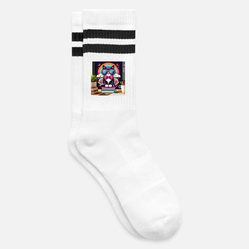 Studious cat with glasses - Striped tennis socks - white/black