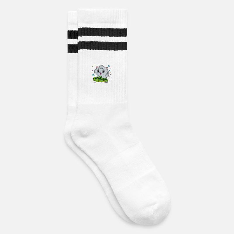 Cat on tortoise - Striped tennis socks - white/black