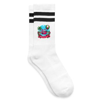 Feiern Sie Weihnachten im Juli mit dem Weihnachtsmann und dem Flamingo! - Gestreifte Tennissocken - Weiß/Schwarz - Rechts