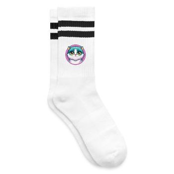 Schottisch Falten Katze Rasse Karikatur Kawaii Tier Haustier - Gestreifte Tennissocken - Weiß/Schwarz - Rechts