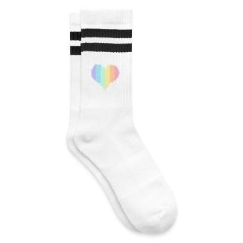 Regenbogen Herz Pastellfarben Pride Monat LGBTQ+ - Gestreifte Tennissocken - Weiß/Schwarz - Rechts