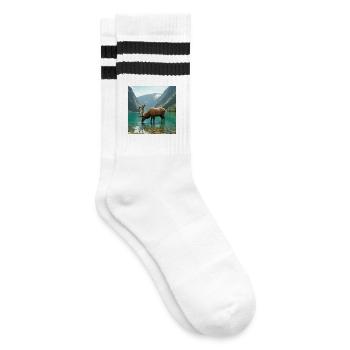 Alpenhirsch am ruhigen See - Gestreifte Tennissocken - Weiß/Schwarz - Rechts