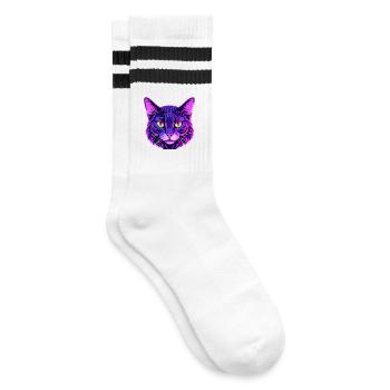 Katzen Portrait in Neonfarben  - Gestreifte Tennissocken - Weiß/Schwarz - Rechts