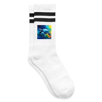 Vivid Marine Turtle Art Design - Striped tennis socks - white/black - Right