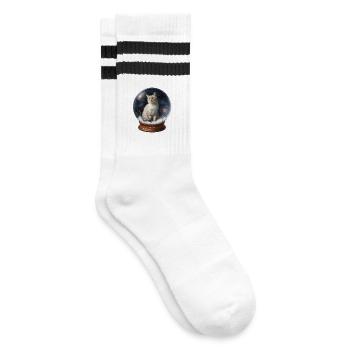 Cosmic Cat in Snow Globe - Gestreifte Tennissocken - Weiß/Schwarz - Rechts