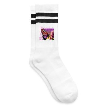 Schmetterling mit Spruch - Bloom in yourself - Gestreifte Tennissocken - Weiß/Schwarz - Rechts
