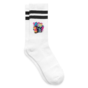 Skull & Graffiti | Buntes Street Art Design - Gestreifte Tennissocken - Weiß/Schwarz - Rechts
