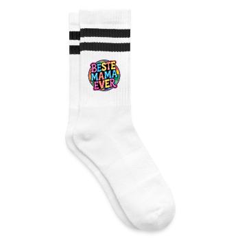 Beste Mama Ever - Bunte Retro Schrift - Gestreifte Tennissocken - Weiß/Schwarz - Rechts