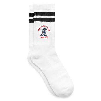 Mansplain es mir, ich fordere dich heraus – Lustiger Feminismus - Gestreifte Tennissocken - Weiß/Schwarz - Rechts