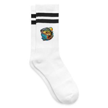 Flammende Koi auf Welle und Sonne - Gestreifte Tennissocken - Weiß/Schwarz - Rechts