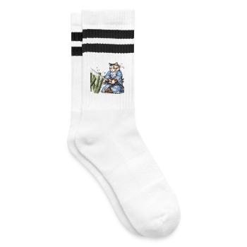 Samurai Cat with Katana – Japanese Ukiyo-e Style - Striped tennis socks - white/black - Right