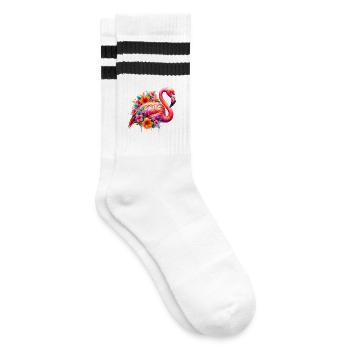 Flamingo verziert mit Hibiskusblüten - Gestreifte Tennissocken - Weiß/Schwarz - Rechts